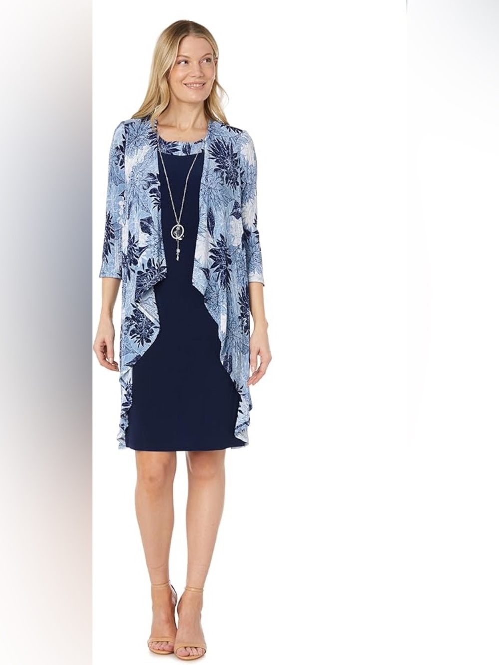 R&M Richards Navy Blue Dress with Light Blue Floral Jacket